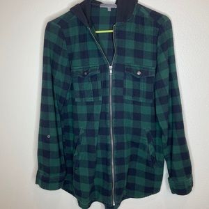 Green and Black Plaid Flannel Zip Hoodie